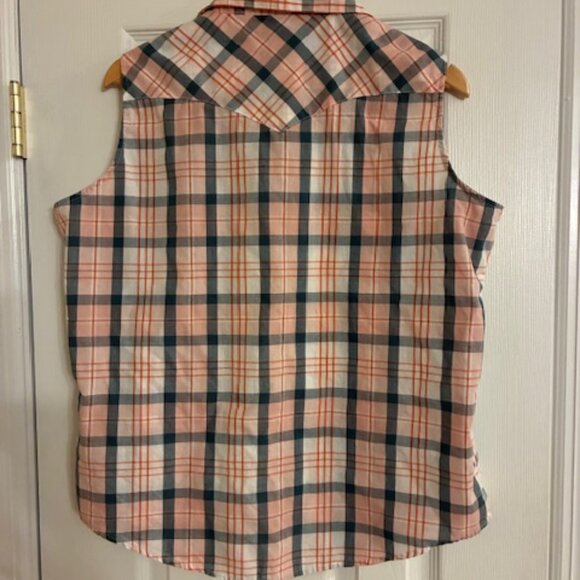 Wrangler Women's Blue Peach Plaid Pearl Snap Buttons Western Country Shirt XL - Picture 3 of 8